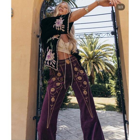 Chasing Unicorns Pants - Chasing Unicorns Catch a Falling Star Purple Velvet Embroidered Flare Pants M